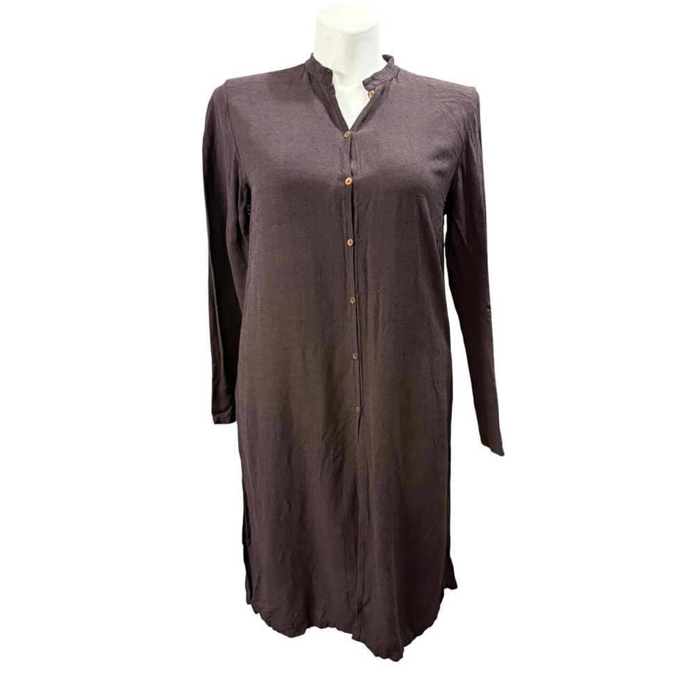 Eileen Fisher Silk Wool Button Down Tunic Dress Brown Mandarin Collar Medium
